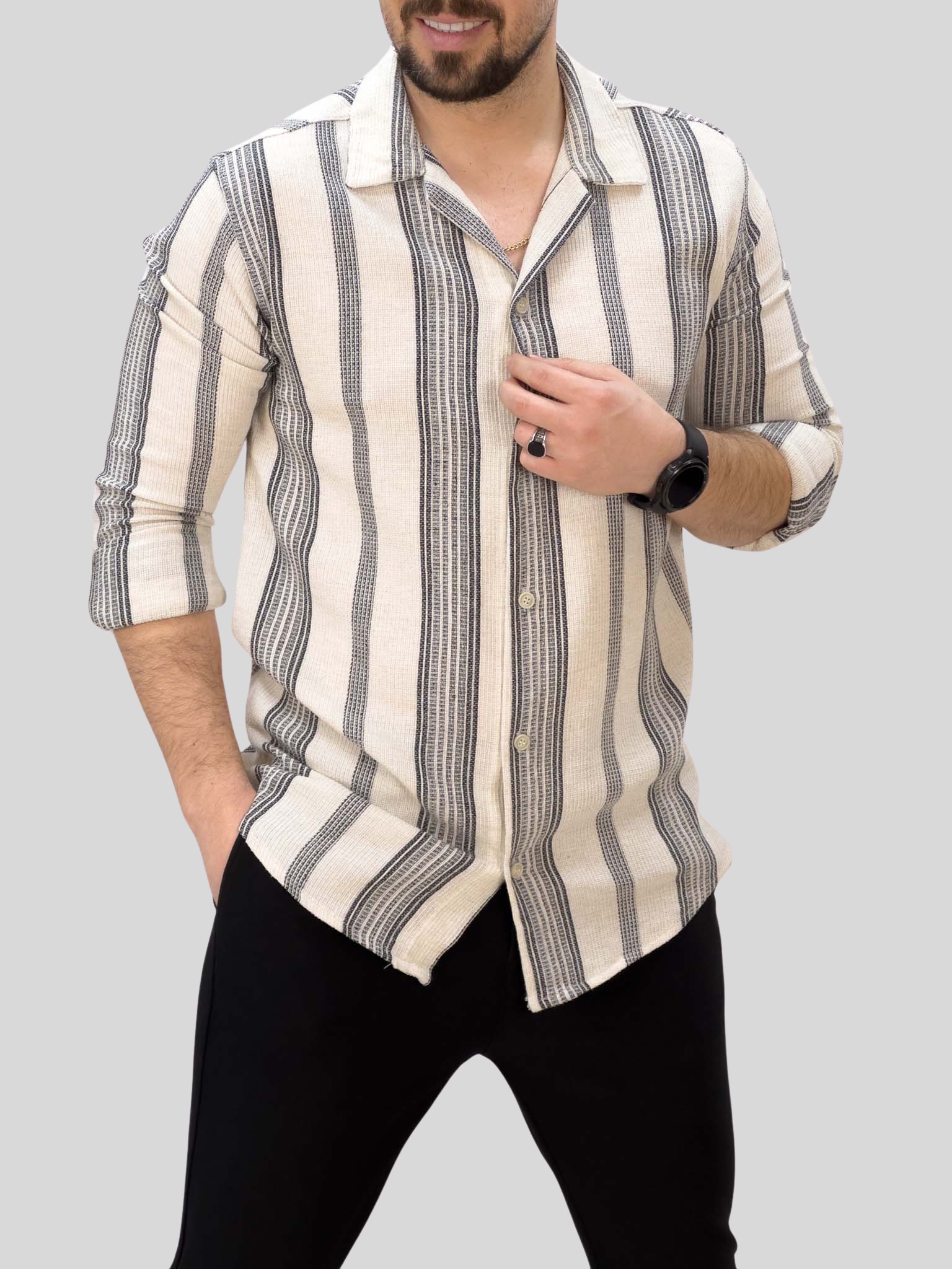 5D8C19BF-CDE8-45D9-9C45-C59E7EA732A8 پیراهن 031101 راه راه سفید-مشکی - Image 1