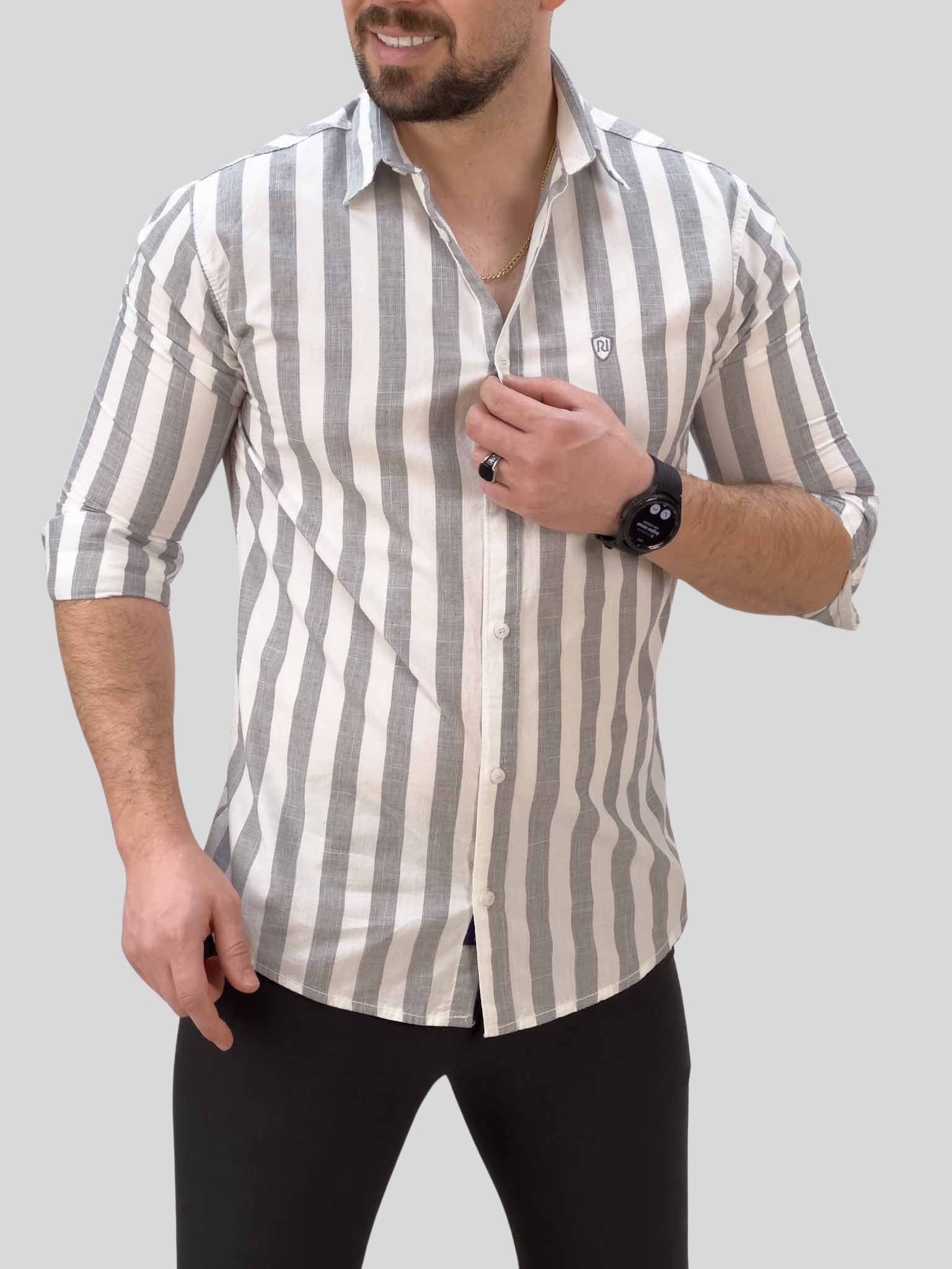 B68ADE4A-742E-4DF8-96EB-51C906F388EF پیراهن راه راه 030114 طوسی - Image 1